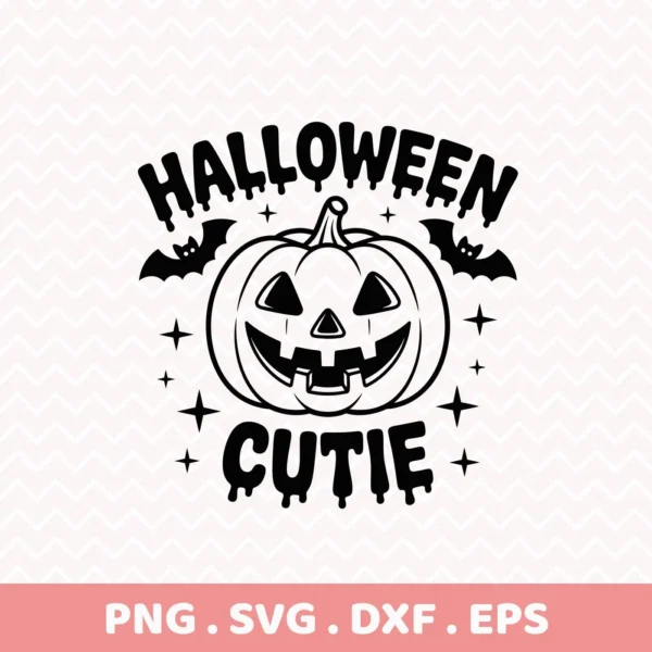 Halloween Cutie Cricut Design featuring a smiling pumpkin, bats, and stars, intended for cutting machines and shirt designs.