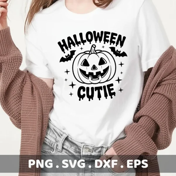A "Halloween Cutie Cricut Design" featuring a smiling pumpkin, bats, and dripping text, intended for cutting machines and shirt designs.