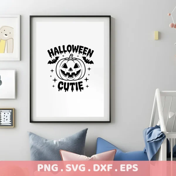 A framed "Halloween Cutie Cricut Design" featuring a cute pumpkin, bats, and stars, intended for cutting machines or screen printing, displayed in a child's room setting.