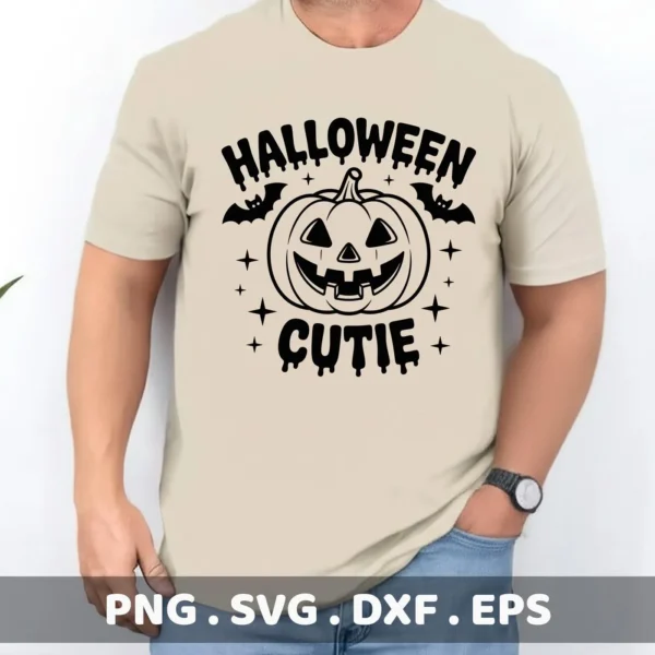 A "Halloween Cutie Cricut Design" featuring a smiling pumpkin, bats, and stars, showcased on a t-shirt for cutting or serigraphy applications.