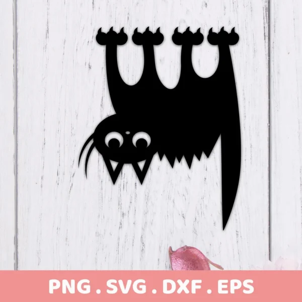 A black Hanging Bat SVG Silhouette Cricut design, part of a digital download bundle including SVG and PNG files, is displayed against a white wood background.