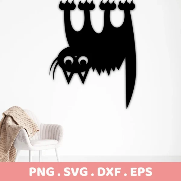A black, cartoonish hanging bat SVG silhouette, part of a digital download bundle including SVG and PNG files, for Cricut and Halloween decor.