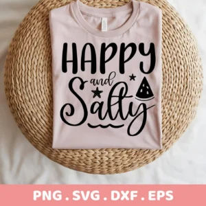 A light pink t-shirt with the text "Happy and Salty" in black, stylized with a starfish and watermelon slice, displayed on a woven mat; this is a digital download bundle including SVG and PNG files for Cricut and other crafting machines.
