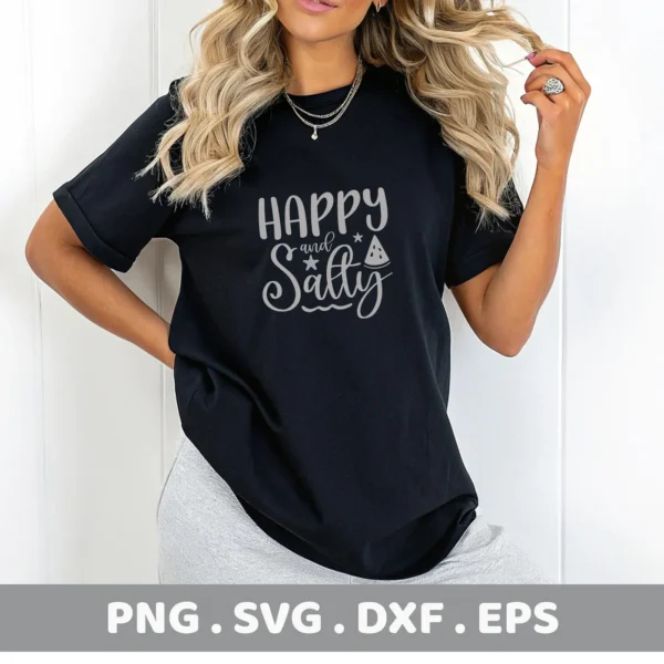 A woman models a black t-shirt with a "Happy and Salty" design featuring a watermelon slice, showcasing a Happy Salty SVG Cricut digital download bundle (SVG, PNG).