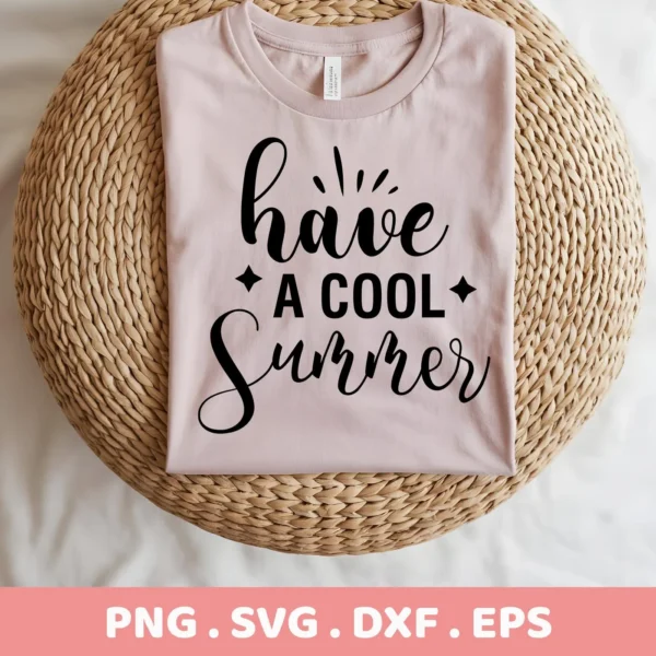 A folded light pink t-shirt with the text "Have A Cool Summer" in black script font, displayed on a woven round surface; a Cool Summer SVG Design available as a digital download bundle (SVG, PNG).