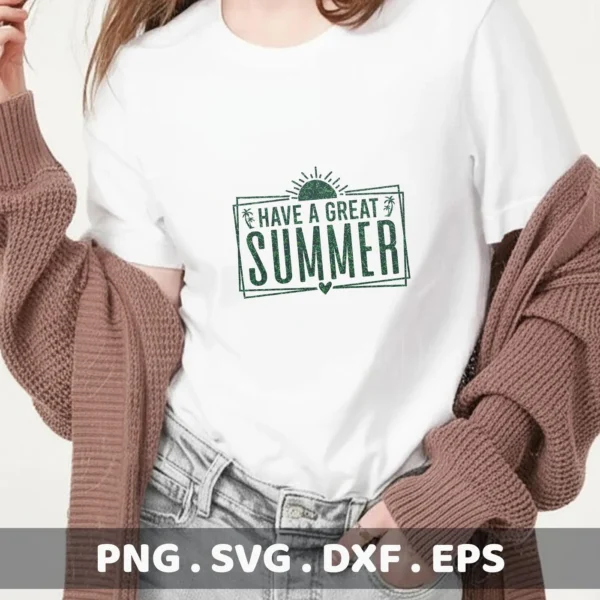 A woman wearing a white t-shirt with a "Have A Great Summer" SVG design, showcasing a digital download bundle.