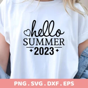 Close-up of a white t-shirt featuring the design "Hello Summer 2023" in black lettering, part of a Hello Summer 2023 SVG digital download bundle.