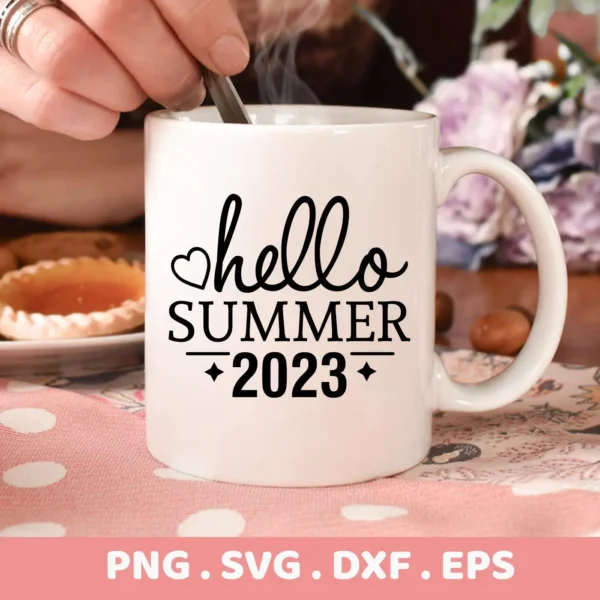A white mug with the text "hello SUMMER 2023" in black lettering, part of a "Hello Summer 2023 SVG" digital download bundle including SVG and PNG files.