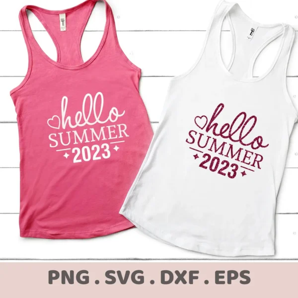Two tank tops, one pink and one white, display the "Hello Summer 2023" design, showcasing a digital download bundle (SVG, PNG) for heat transfer.