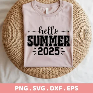 A folded light pink t-shirt with the text "hello SUMMER 2025" in black, presented as a Hello Summer 2025 SVG digital download bundle.