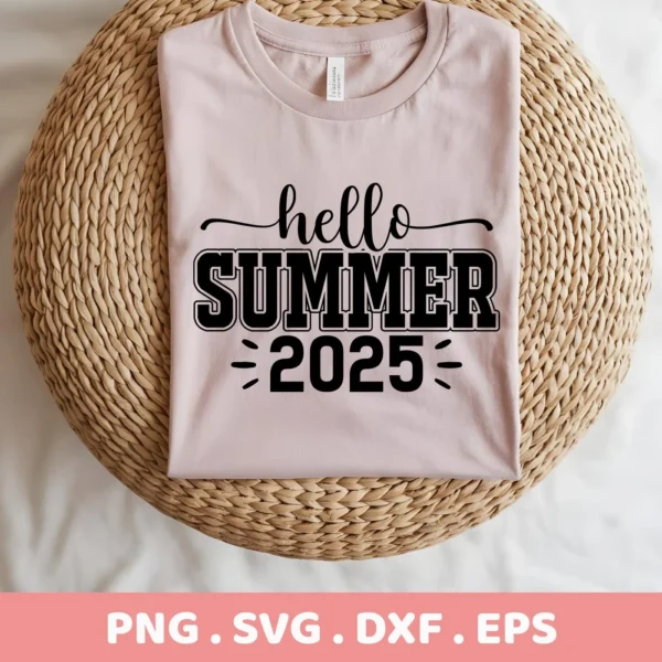 A folded light pink t-shirt with the text "hello SUMMER 2025" in black, presented as a Hello Summer 2025 SVG digital download bundle.