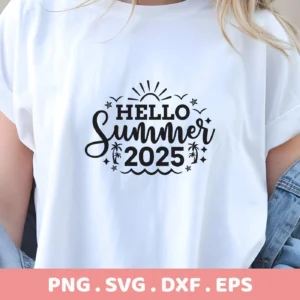 A woman wears a white t-shirt with a black "Hello Summer 2025" design featuring a sun, waves, palm trees, stars, and Summer Birds SVG Cricut Design, representing a digital download bundle (SVG, PNG).