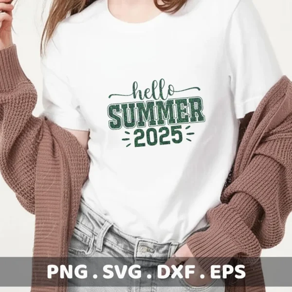 A woman models a white t-shirt with a "Hello Summer 2025 SVG" design, indicating a digital download bundle including SVG and PNG files.