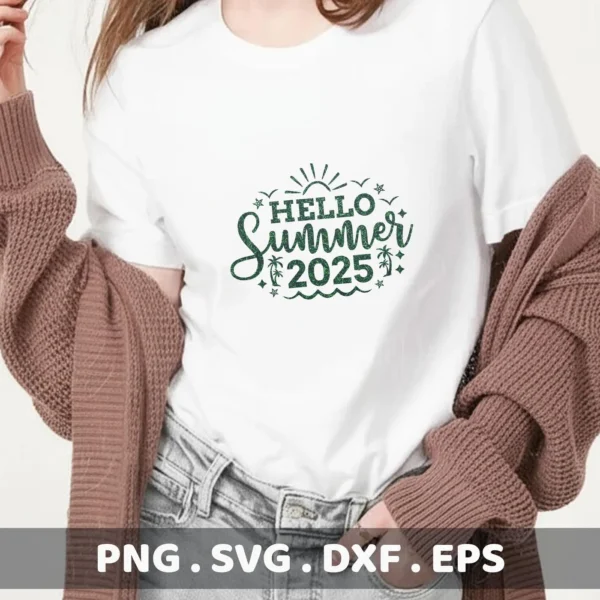 A woman wearing a white t-shirt with a green "Hello Summer 2025" design featuring a sun, palm trees, waves, and summer birds, showcasing a Summer Birds SVG Cricut Design available as a digital download bundle (SVG, PNG, DXF, EPS).