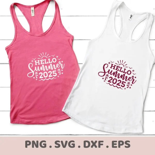 Two tank tops, one pink and one white, display a "Hello Summer 2025" design with summer birds, palm trees, and sun graphics, showcasing a digital download bundle including SVG and PNG files.