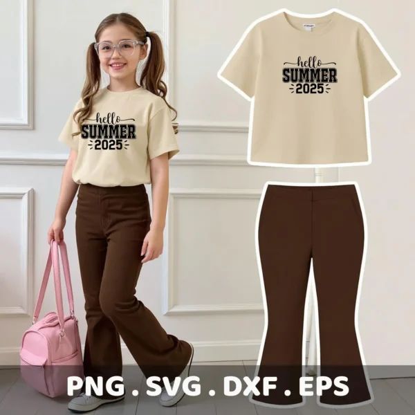A young girl models a t-shirt with the "Hello Summer 2025 SVG" design, also shown as a standalone t-shirt and pants outfit, representing a digital download bundle including SVG and PNG files.