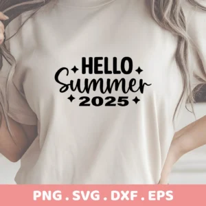 Close-up of a beige t-shirt featuring a "Hello Summer 2025 SVG" design in black lettering, part of a digital download bundle including SVG and PNG formats.