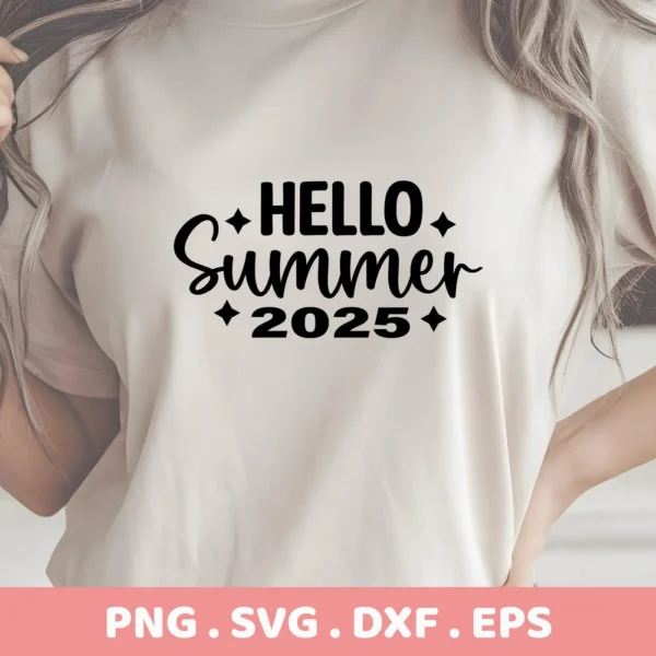 Close-up of a beige t-shirt featuring a "Hello Summer 2025 SVG" design in black lettering, part of a digital download bundle including SVG and PNG formats.