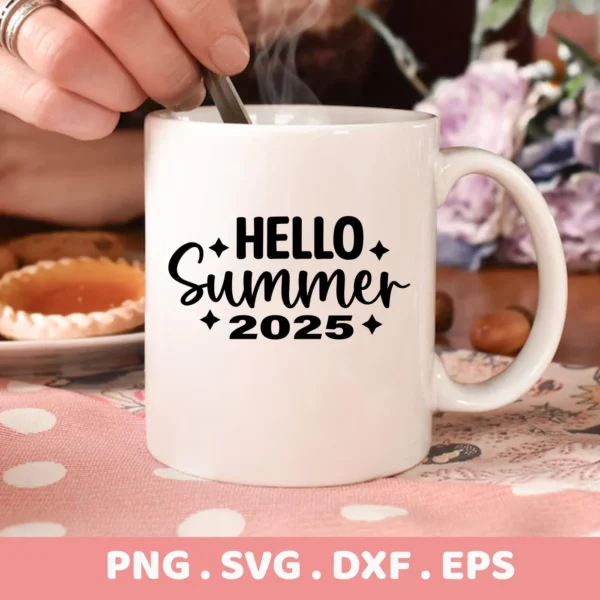 Close-up of a white mug with the text "Hello Summer 2025" in black, representing a Hello Summer 2025 SVG digital download bundle.