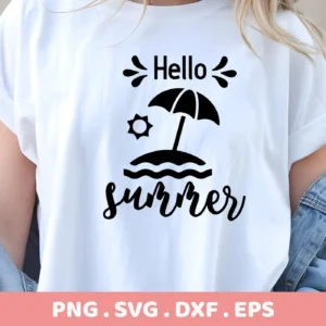 A white t-shirt displays a "Hello Summer" SVG design featuring a beach umbrella, sun, and waves, available as a digital download bundle (SVG, PNG).