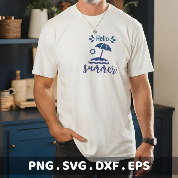 A man wears a white t-shirt featuring a blue "Hello Summer" SVG design with a beach umbrella and sun graphic; this is a digital download bundle including SVG and PNG files.