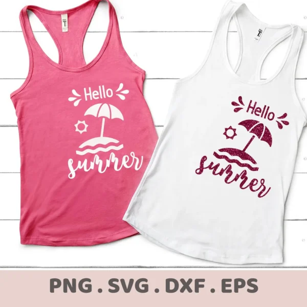 Two tank tops, one pink and one white, display a "Hello Summer SVG Design" featuring a sun, beach umbrella, and the word "Summer," representing a digital download bundle including SVG and PNG files.