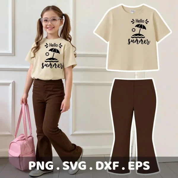 A young girl wearing a t-shirt with a "Hello Summer" SVG design featuring a sun and beach umbrella, showcasing a digital download bundle (SVG, PNG).