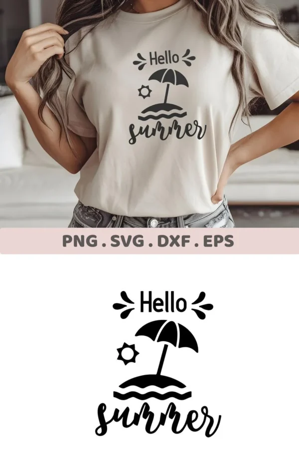 Hello Summer SVG Design" featuring a beach umbrella, sun, and waves, showcased on a t-shirt; a digital download bundle including SVG and PNG files.