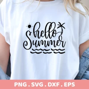Close-up of a white t-shirt featuring a "Hello Summer" design with a sun, palm tree, and waves, showcasing a Summer SVG Cut File available as a digital download bundle (SVG, PNG).