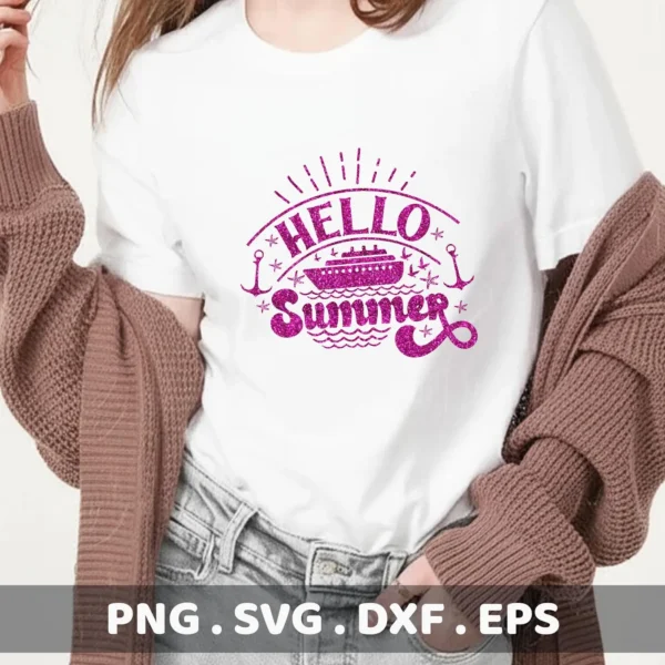 A woman wearing a white t-shirt with a pink glittery "Hello Summer" design featuring a cruise ship, anchors, and waves, representing a Summer Cruise SVG Design available as a digital download bundle (SVG, PNG).