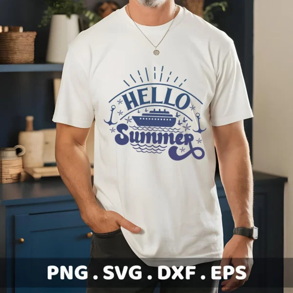 A man wears a white t-shirt with a blue "Hello Summer" cruise ship SVG design, indicating a digital download bundle (SVG, PNG).