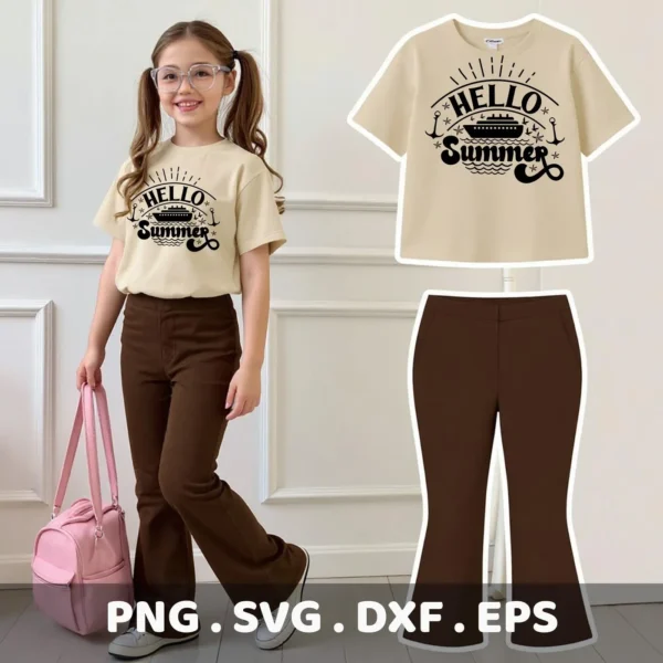 A young girl models a t-shirt with a "Hello Summer" cruise ship SVG design, showcased as a digital download bundle including SVG and PNG files.