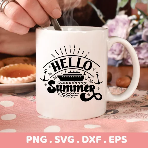 A white mug with a "Hello Summer" cruise SVG design featuring a cruise ship, anchors, and waves, presented as a digital download bundle (SVG, PNG).