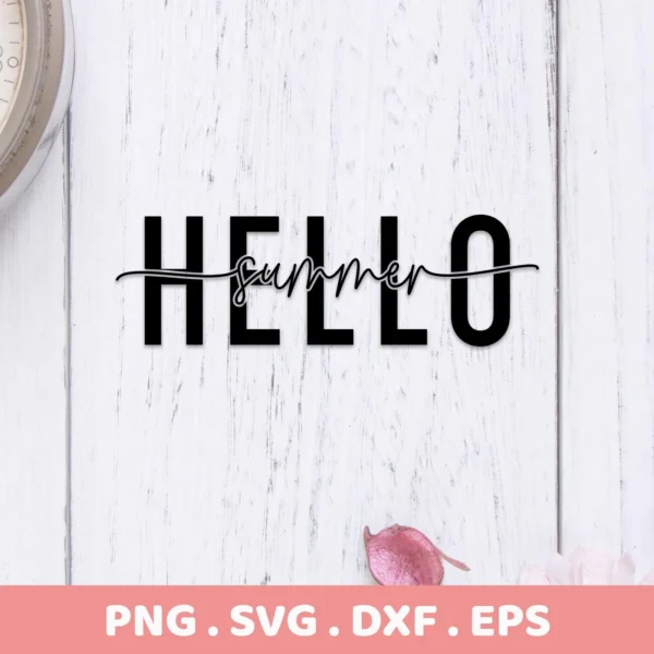 Hello Summer SVG Design" featuring the words "HELLO" in block letters above a cursive "summer," presented as a digital download bundle (SVG, PNG).