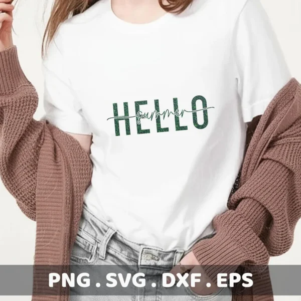 A woman wearing a white t-shirt with a "Hello Summer" SVG design, showcasing a digital download bundle including SVG and PNG files.