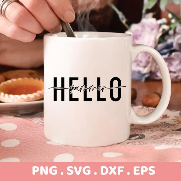 Close-up of a white mug with the "Hello Summer" SVG design, part of a digital download bundle (SVG, PNG, DXF, EPS).
