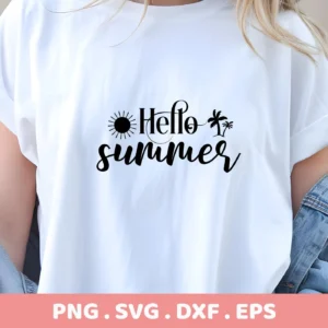 Close-up of a white t-shirt featuring a "Hello Summer" SVG design with a sun and palm tree graphic, indicating a digital download bundle including SVG and PNG files.