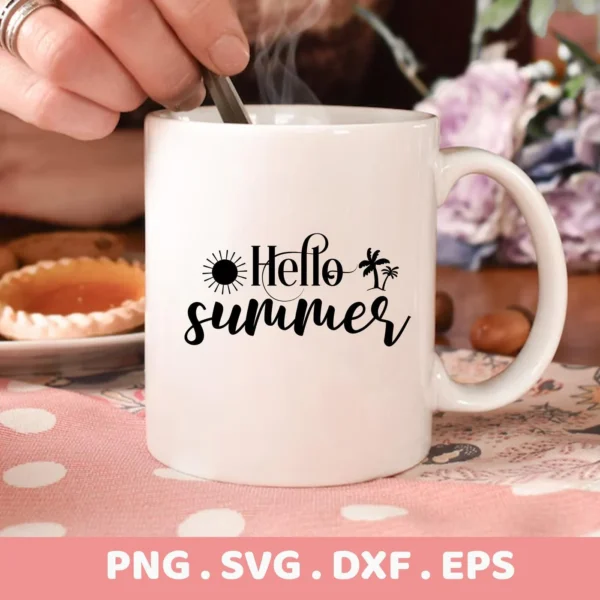 Close-up of a white mug with a "Hello Summer" SVG design featuring a sun and palm tree, presented as a digital download bundle (SVG, PNG, DXF, EPS).