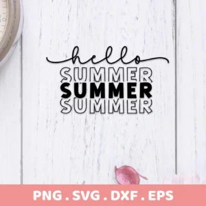 Hello Summer SVG Design" featuring stacked "SUMMER" text with a script "hello" above, presented as a digital download bundle including SVG and PNG formats.