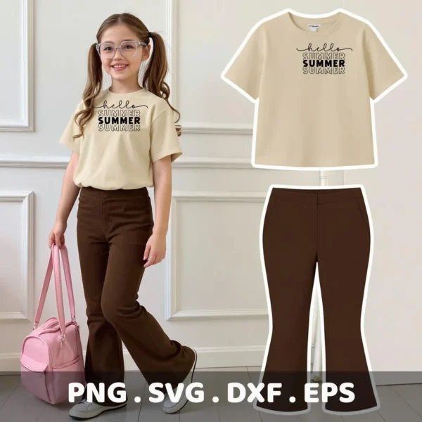 A young girl wearing a t-shirt with a "Hello Summer" SVG design, alongside a digital download bundle preview including the t-shirt and pants.