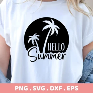 Close-up of a white t-shirt featuring a black circular design with two stylized summer palm trees and the text "Hello Summer"; this is a digital download bundle including SVG and PNG files.