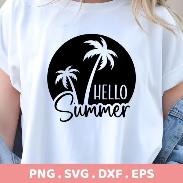 Close-up of a white t-shirt featuring a black circular design with two stylized summer palm trees and the text "Hello Summer"; this is a digital download bundle including SVG and PNG files.