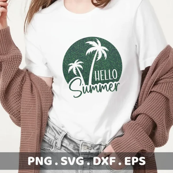 A woman wearing a white t-shirt with a "Summer Palm Tree SVG" design featuring palm trees and the words "Hello Summer" inside a green circle, representing a digital download bundle (SVG, PNG).