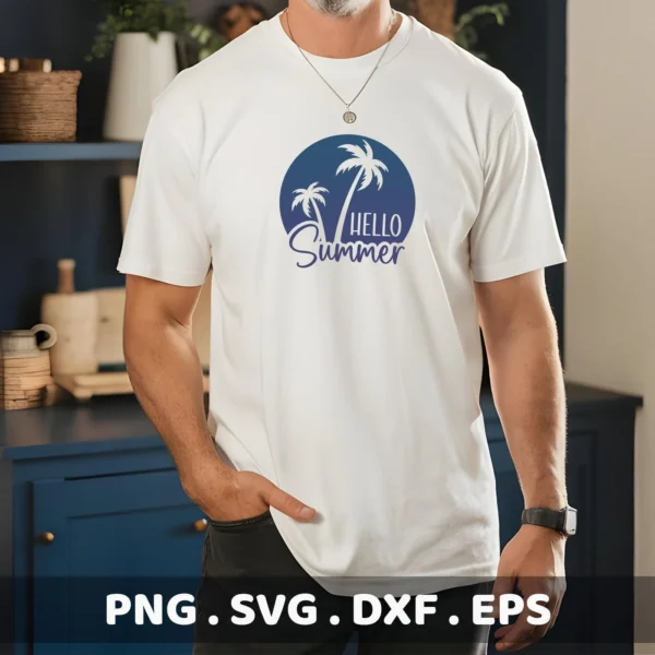 A man wears a white t-shirt featuring a blue circular design with two palm trees and the words "Hello Summer," representing a Summer Palm Tree SVG digital download bundle (SVG, PNG, DXF, EPS).