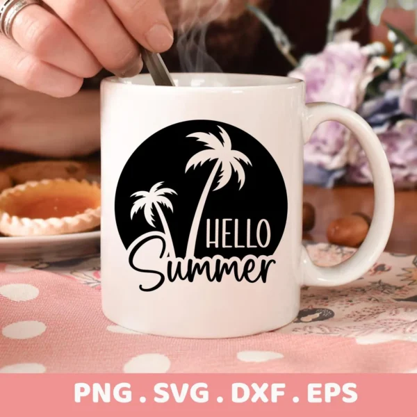 White mug featuring a black circle design with two Summer Palm Tree SVG silhouettes and the words "Hello Summer," representing a digital download bundle (SVG, PNG).