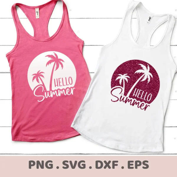 Two tank tops, one pink and one white, display a "Summer Palm Tree SVG" design featuring palm trees and the words "Hello Summer" within a circle, representing a digital download bundle (SVG, PNG).