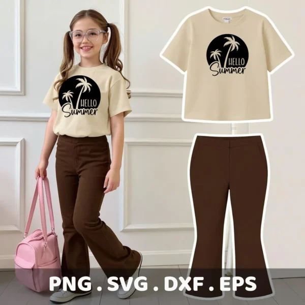 A young girl models a beige t-shirt with a "Hello Summer" palm tree design, showcasing a Summer Palm Tree SVG digital download bundle (SVG, PNG).