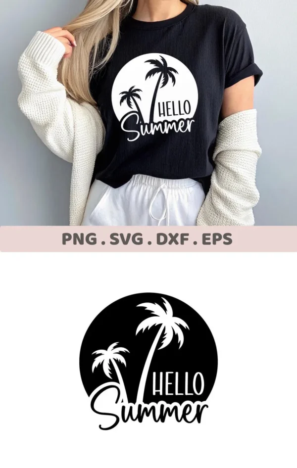 Summer Palm Tree SVG design featuring palm trees and the words "Hello Summer," available as a digital download bundle including SVG and PNG formats.