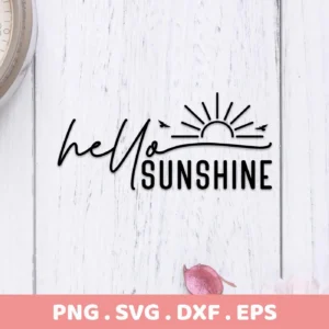 Hello Sunshine Birds SVG" digital download bundle featuring a stylized sun with birds and the words "Hello Sunshine" in a decorative font.
