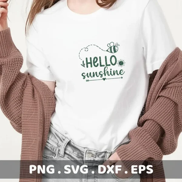 A woman wears a white t-shirt with a "Hello Sunshine" design featuring a bee and sun graphic; this is a digital download bundle including SVG and PNG files.